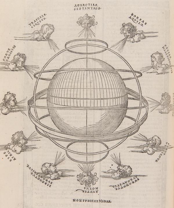 The armillary sphere is a spherical framework of rings surrounding a globe. The rings represent lines of celestial longitude and latitude and other astronomically important features, such as the ecliptic, while the globe represents earth. The twelve faces embedded in small puffs of cloud encircling the sphere are personifications of wind gods.