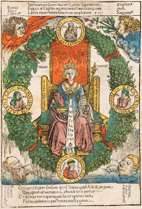 Seated upon a tall throne is a crowned woman in sumptuous robes who holds a book in one hand, a scepter in the other. She is encircled by a large wreath made of leaves and fruits, and punctuated by four medallion portraits. In each corner of the image are personified versions of the seasonal winds.
