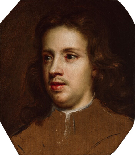 A light-skinned man with shoulder-length, wavy brown hair, a sparse mustache on his upper lip, and very rosy lips looks out and away from teh viewer. He is shown from the shoulders up.