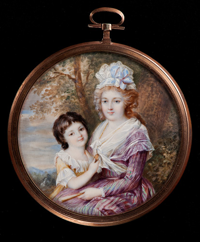 A round portrait of a seated, light-skinned woman with red hair that is going white or gray near the roots, and a young child with light skin and dark brown hair standing next to her. The woman wears a lacy cap with a bow, a transluscent white shawl, and a purple or red striped gown, while the child wears a yellow dress with a white collar and sleeves.