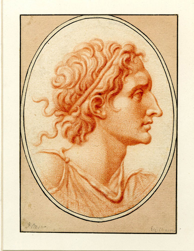 An oval portrait drawn in red showing the profile of a young man with a prominent nose and short curly hair tied back with a string.