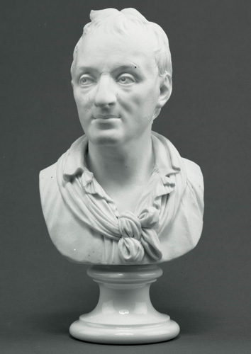 Bust of the head and neck of a young man with short hair and a sharp widow's peak, a wide nose, and a knotted scarf below his open shirt collar.