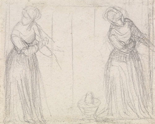 A pencil sketch of the figures of two women wearing dresses, one with her head turned to look over her right shoulder, and the other looking forward while leaning to the right. Both figures are sketchy and have overlapping lines where parts of the figure were redrawn.