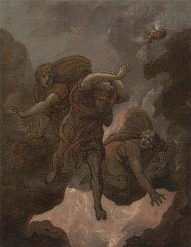 Two winged figures, kneeling on clouds, look on with horrified expressions as a third figure, dressed in a simple robe with red, strides forward out of the clouds with arms raised and angry expression. 