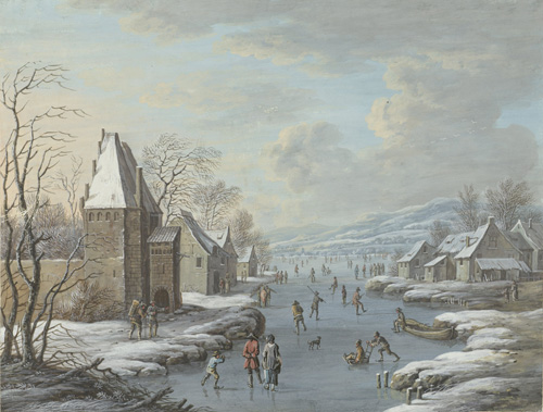 A winter scene of a frozen river running through a small town depicts numerous people walking and skating on the surface. Along either bank are small buildings, and in the distance a low mountain range is visible.