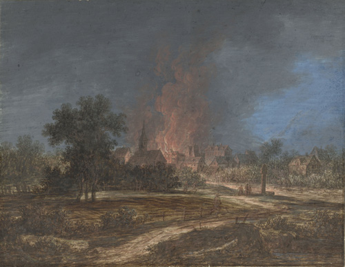A painting showing a far-off fire in the distance, along with dark clouds of smoke. In the foreground of the painting, a winding road leads from the viewer's location past fields and a church to reach the town where the fire appears to be taking place.