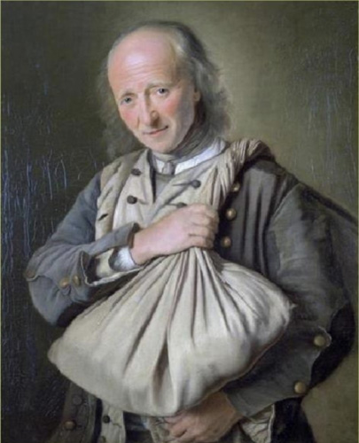 A light-skinned man with whispy gray hair and a receding hairline looks out at the viewer, holding a sack over his shoulder with one hand. He wears a faded blue coat with brass-colored buttons.