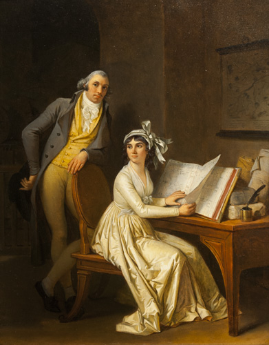 A man and a woman are shown together at a desk. The woman has light skin, dark hair, and wears a white dress and bow headpiece as she sits at the desk turning the page of a large book, with her head turned to look away from the desk. Behind her, a man with light skin, gray hair with a widow's peak, and a gray coat over a yellow waistcoat leans against the back of the chair on one arm, the other resting on his hip.