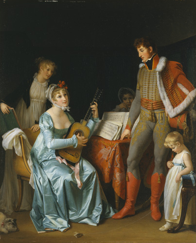 A young woman with light skin, blonde curly hair under a white cap, and a shiny blue dress is seated next to a table holding a guitar-like instrument and looking at the young man standing near her. He has light skin, brown curly hair, and a red fur-trimmed cloak over his blue jacket, and looks back at the seated woman. Another young woman with blonde hair stands behind the table looking on, and a young child in a white dress wiht a blue sash looks down toward her own feet.