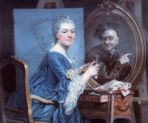 A light-skinned woman with gray hair is seated at an easel and painting table, looking back over her shoulder at the viewer. On teh easel, there is a light sketch of a man in a turban or hat; on a second easel, a finished painating shows a completed picture with the same man, who has a broad nose, bald head, and hat perched on his head at an odd angle. The woman appears to be sharpening a pencil with a knife as she looks back. 