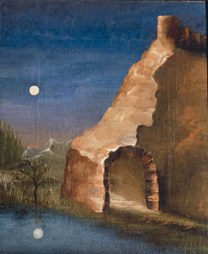 A landscape showing a reddish-brown stone ruin with an arched doorway into it, alongside a blue stream or pond. The sky above is blue and purple, with a full moon that is reflected into the water..
