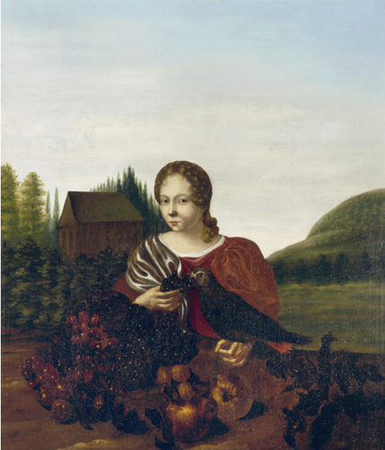 A woman with very light skin, blonde curls, and a red dress with white sash is seated at an outdoor table that has fruit spread over it. She is holding a bunch of grapes in one hand, while a hawk is perched on her other hand. In the background are evergreen trees, a large hill, and a single brown house.