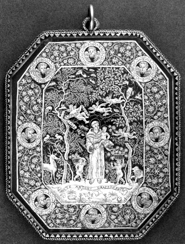 A black and white image of a man wearing a long robe, the top of his head shaved, holding an infant child in a woodland scene. Both he and the child are crowned with halos and several cherubs surround them. Evenly spaced in the floral border around the image are image of eight angels or saints whose faces are turned toward the man and child at the center.