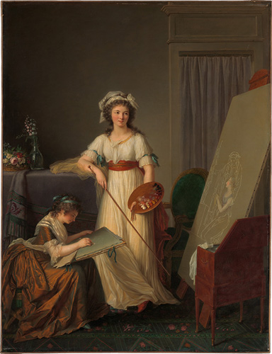 Two young women are in an artist's studio. The woman at the center has light skin, brown curly hair with a white cloth tied in it, and wears a white dress with blue ribbons and red sash. She is holding a paint palette and a long stick of some kind, and looking at an unfinished painting of a girl that is on an easel. Nearby, the other young woman is seated hunched over a drawing board. She has light skin, dark hair tied with blue ribbon, and wears a brownish shiny dress with a white shawl.