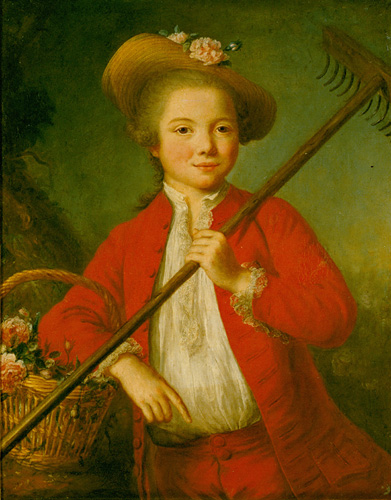 A young person with light skin, gray hair curled over the ears, and dark eyes stands with one arm resting on a basket of flowers, the other holding a rake diagonally in front of their body. The person wears a bright red jacket and red pants, and the jack is open to expose the white shirt beneath.  On their head is a straw-colored hat with a flower on the brim.