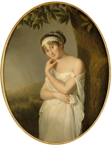 A young woman with light skin and dark curly hair stands next to a tree with one arm crossed over her stomach, the other crossed over her chest to rest near her opposite shoulder. She is wearing a draped white dress fastened at the shoulders, which has slipped off the shoulder nearest the viewer, and a white cloth wrapped around her hair.
