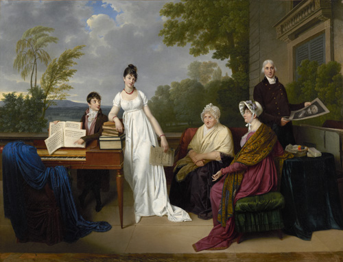 A group of five people are gathered outside near a piano. At the center, a light-skinned young woman with a red necklace, white dress, and dark hair in an updo leans one arm on a stack of books on the piano, a sheet of paper in the other hand. Next to her, a light-skinned and dark-haired boy behind the piano points at the sheet music. On the woman's other side, two women are seated on benches, one an older light-skinned woman with slightly hunched posture and a cream-colored shawl and the other a light-skinned woman with dark hair, a white bonnet, and a bright red dress. Behind the two seated women, a man with light skin, white hair, and a dark coat stands holding a print or drawing.