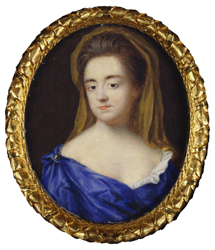 An oval-shaped portrait of a light-skinned woman with brown hair swept back from her face, with a yellow cloth or veil draped over the top and back of her head. She wears a bright blue dress with a wide neckline, and no jewelry.