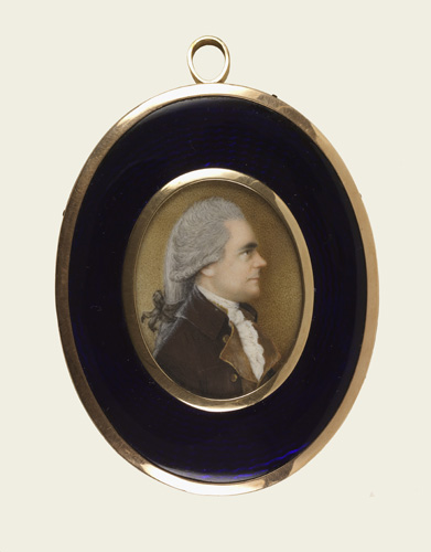 An oval-shaped portrait of a light-skinned man with a prominent pointed nose and gray hair curled over his ears and tied back with black ribbon is shown in a side profile view. He wears a brown coat with a white shirt and tall white collar..