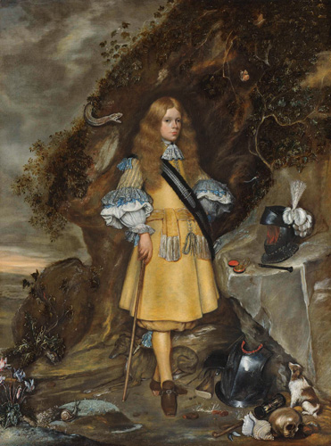 A young person with light skin, wavy blonde hair past their shoulders, and an outfit of bright yellow trimmed in bright blue stands at the center of an outdoor scene with a cane held loosely in one hand. On the ground nearby, a piece of metal chest armor, a helmet with a white feather, a small dog, a human skull, a large shell, and a snail are depicted. Behind the central figure, a snake with an open mouth is winding around the edge of some rocks toward the person's head.