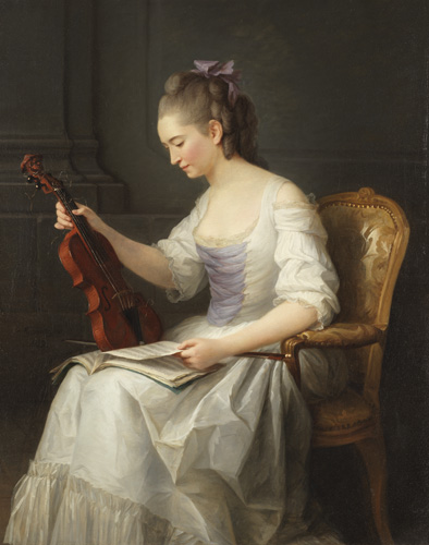 A light-skinned woman with light brown hair tied back with a lavender ribbon is seated in a chair. She wears a white dress trimmed with the same lavender ribbon as her hair. In her lap, she holds a violin upright with one hand and turns the page of a book of sheet music with the other, while the violin bow lays across her lap.