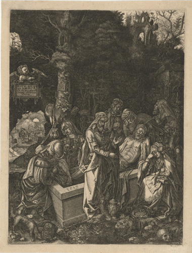A sepia-toned image depicts a group of mourners lowering an unclothed man's body into a stone tomb.