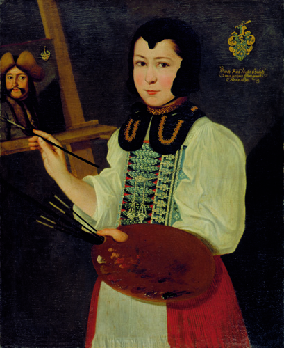 A young girl with light skin and a very close-fitting black cap over her hair is shown holding paintbrushes and palette as she stands at an easel with a painting of a man in a hat. The girl wears a white dress with geometric pattern in blue and white on the front chest, a red overskirt, and a large black and gold collar. She looks directly out at the viewer.
