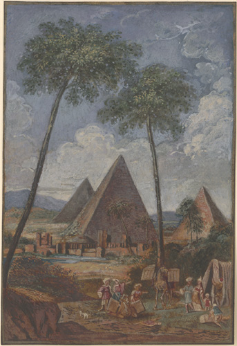 A group of small, indistinct people are gathered in the foreground of the painting beneath two towering palm trees. In the distance, a walled city and three giant pyramids dominate the background of the scenery.