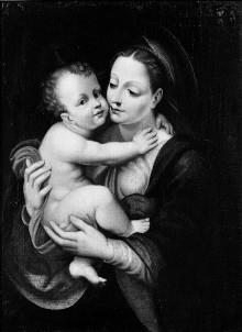 A black and white reproduction of an oil painting of the Virgin Mary holding the infant Jesus. The infant is nude, and Mary is holding him close to her, so that their cheeks touch. The infant is looking at the viewer and Mary is looking at him.