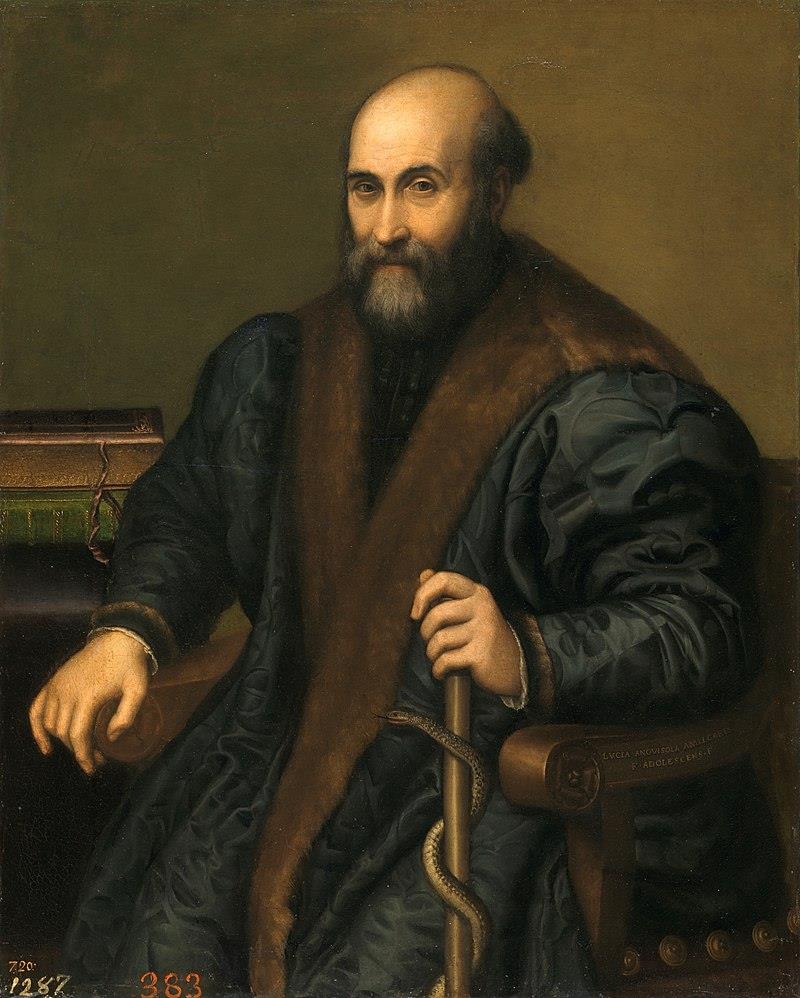 A portrait of an older man, seated at a desk with several books. He holds a staff with a serpent in his left hand. He is dressed in black robes with brown fur trim, and he looks directly at the viewer with one eyebrow slightly raised.