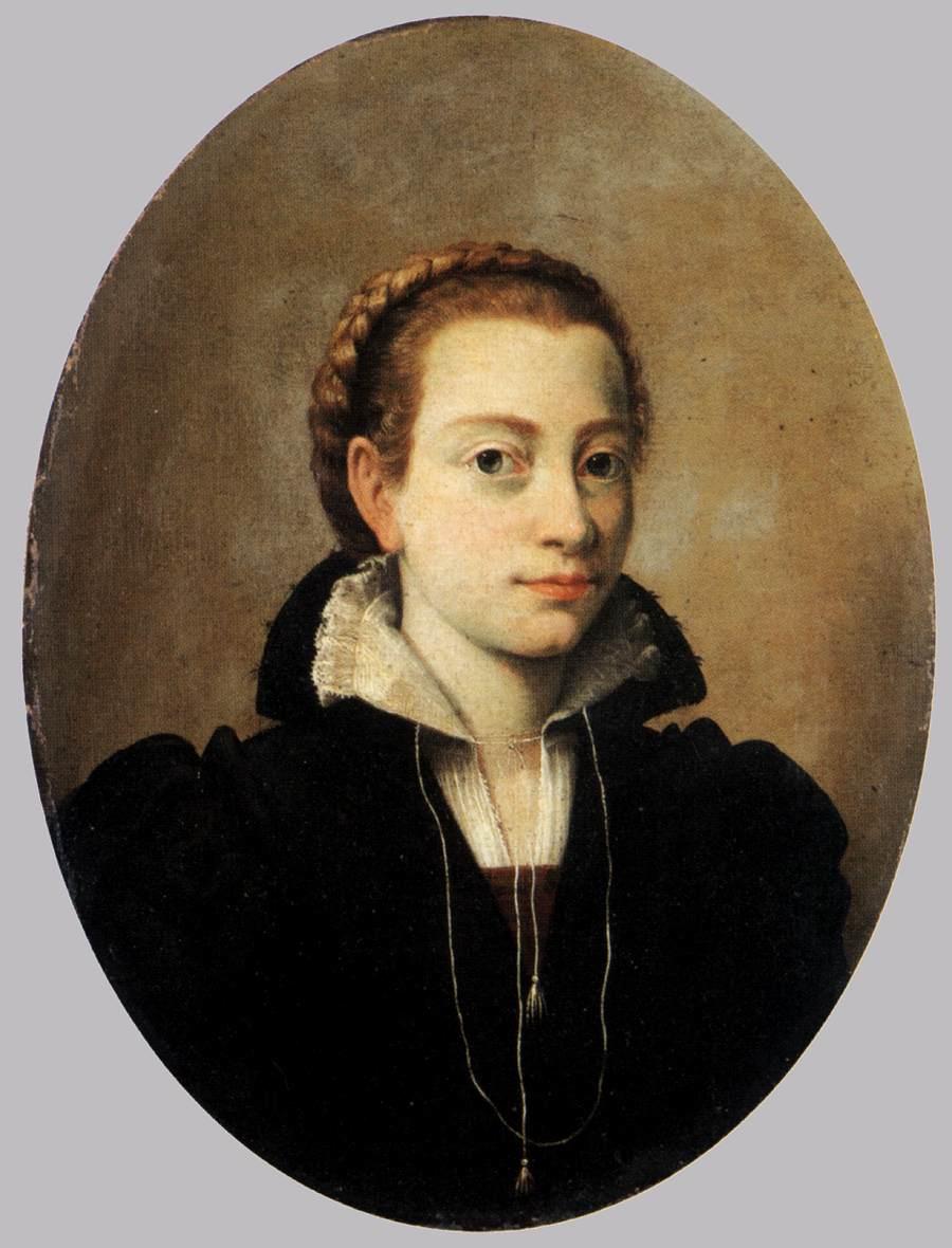 A portrait of a young woman, probably a teenager. She looks out directly at the viewer with bright eyes and a slight smile. She is dressed in sixteenth-century clothing with a white collar around her neck and her hair is crowned with a braid.