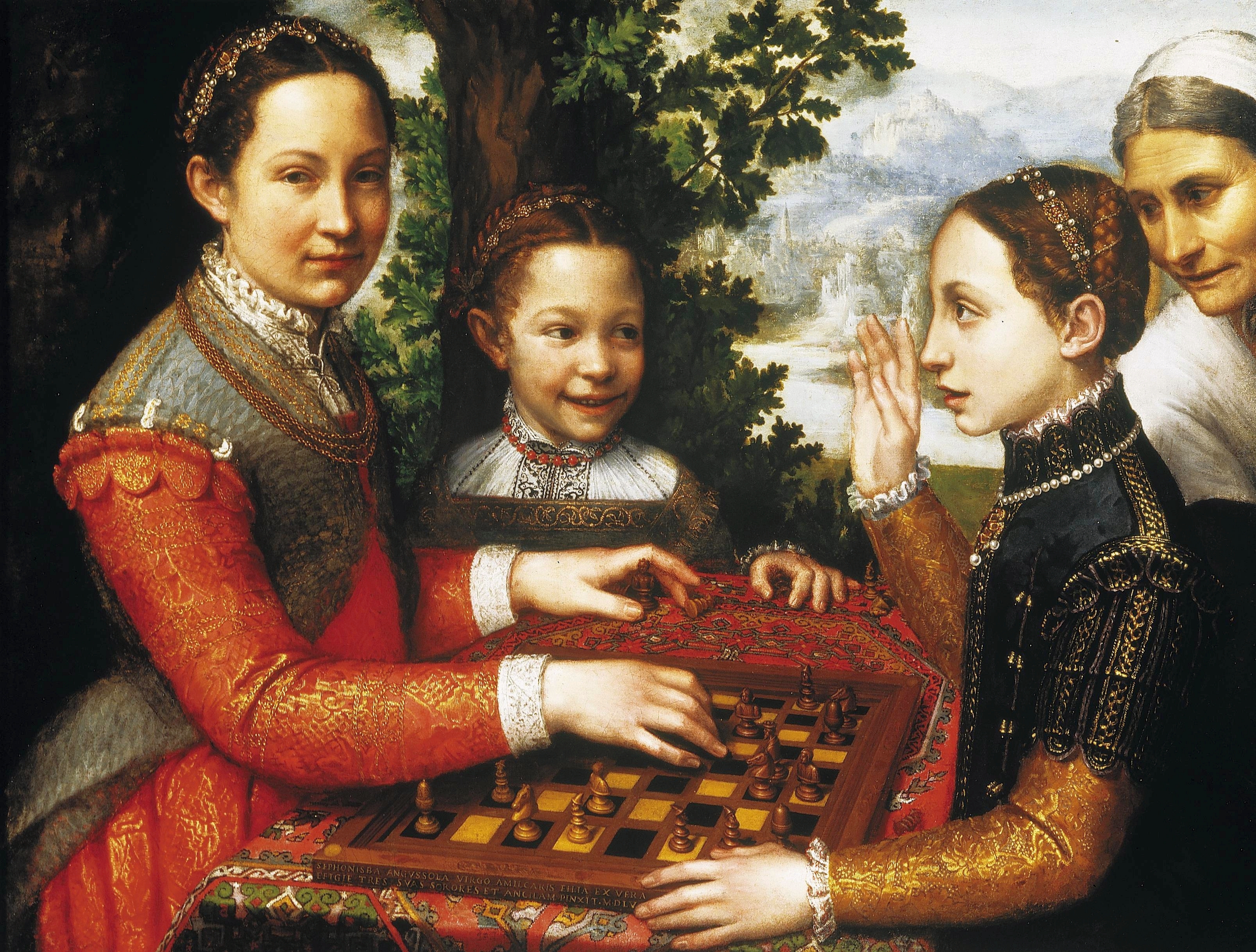 Two young women are playing chess, while a young girl stands next to them and smiles at the younger of the players. The older player looks directly at the viewer, with her hand on a chess piece. There is a tree and a city in the background and an older man looks over at the group and their game from the right side of the canvas.