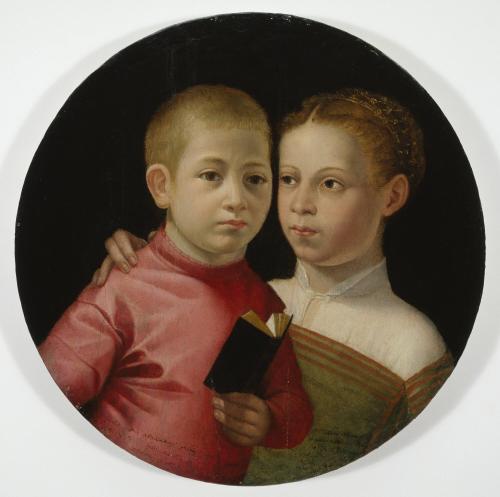 A round portrait of two children: a boy on the left in a red tunic, holding a book, and a girl on the right in a green dress with a white chemise. They are cropped at the waist against a black background. The girl has his arm around the boy and looks at him while the boy looks off into the distance.
