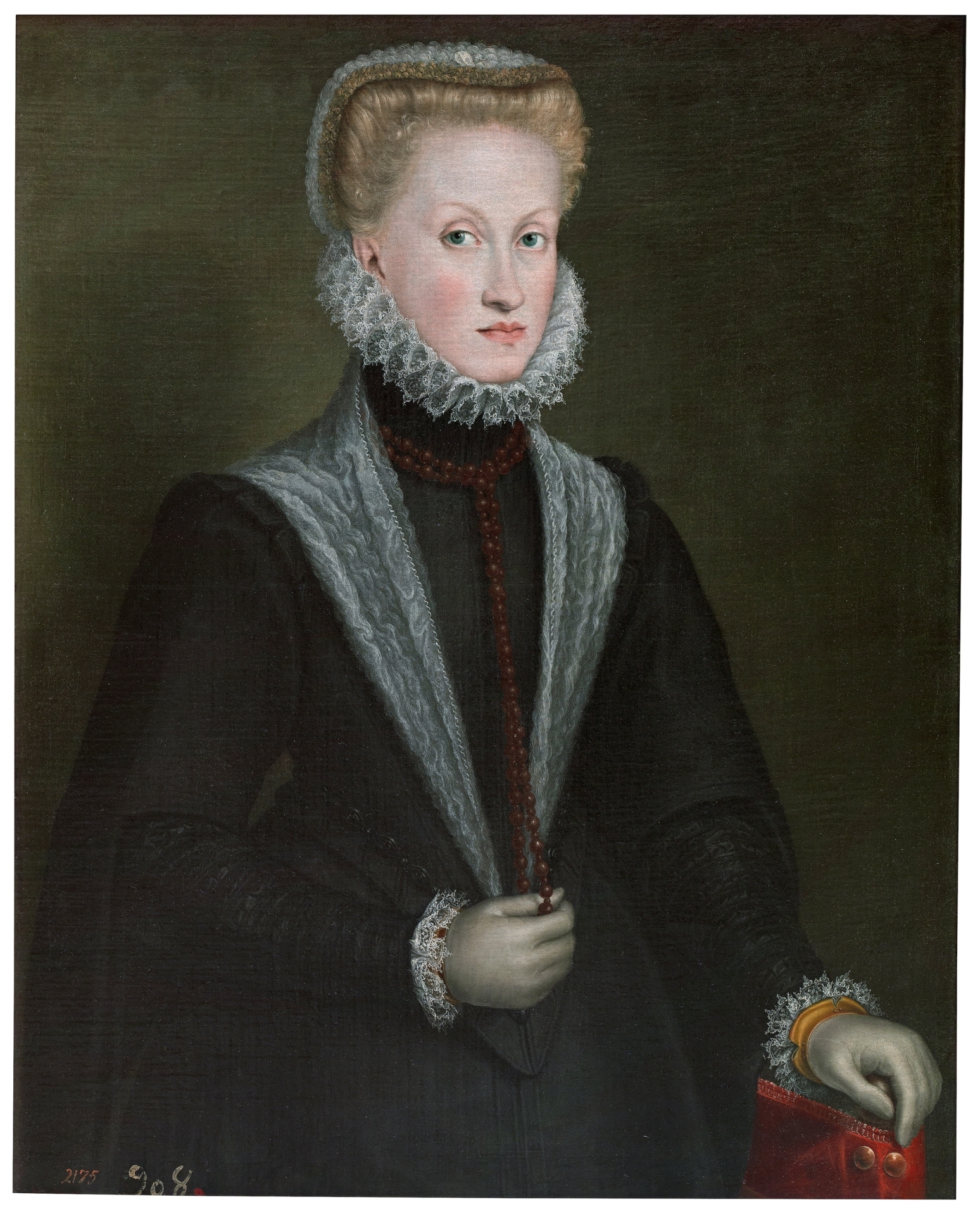A half-length portrait of a women wearing a black dress with a lace shawl and lace at her sleeves and high collar. She is wearing a red beaded necklace and she holds it with her right hand. She looks out directly at the viewer with a confident, neutral expression.