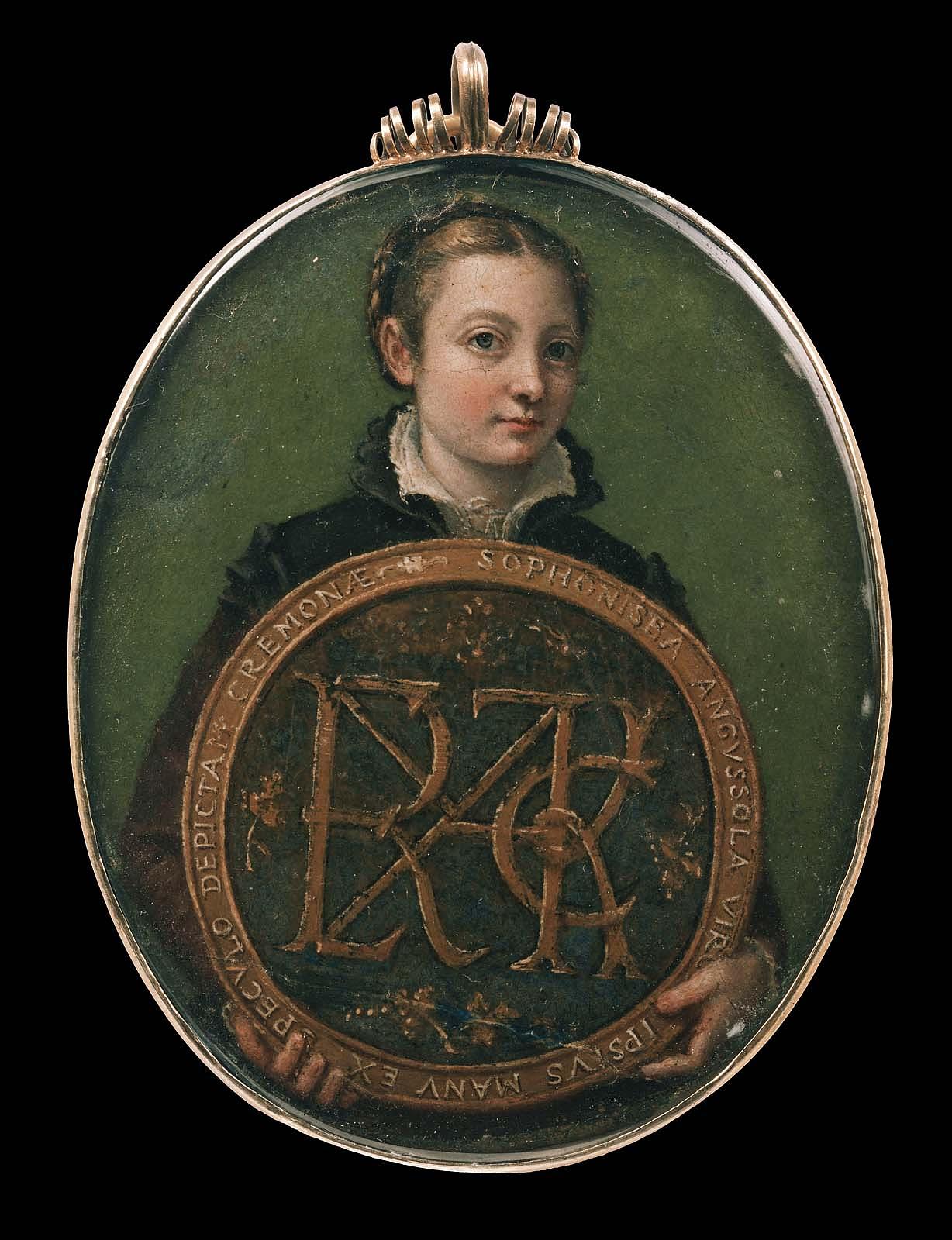An oval self-portrait miniature of the artist at half-length, standing in front of a green background. She looks directly at the viewer with a slight smile. She is holding a round plaque that identifies her.
