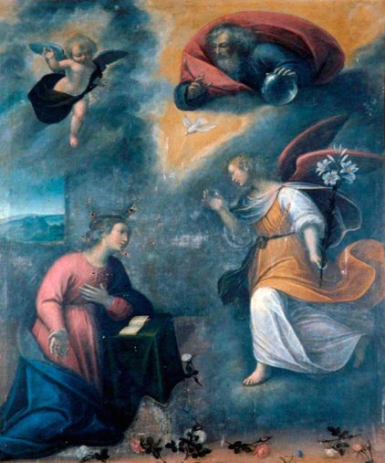 An image of God, the angel Gabriel, and a putto appearing to the Virgin Mary, who is kneeling in front of a book. The Virgin Mary wears pink and blue robes, while the angel Gabriel wears yellow and white and carries lilies. The three figures appear to Mary in a swirl of clouds.