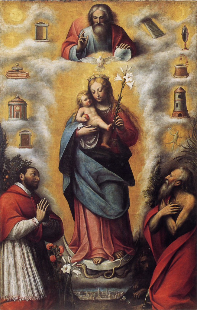 An image of the Virgin Mary holding the infant Jesus and lilies, crowned with a dove flying over her. There are three other figures, including God above her and two other figures praying to her. Other symbols surround her and there is a serpent at her feet.