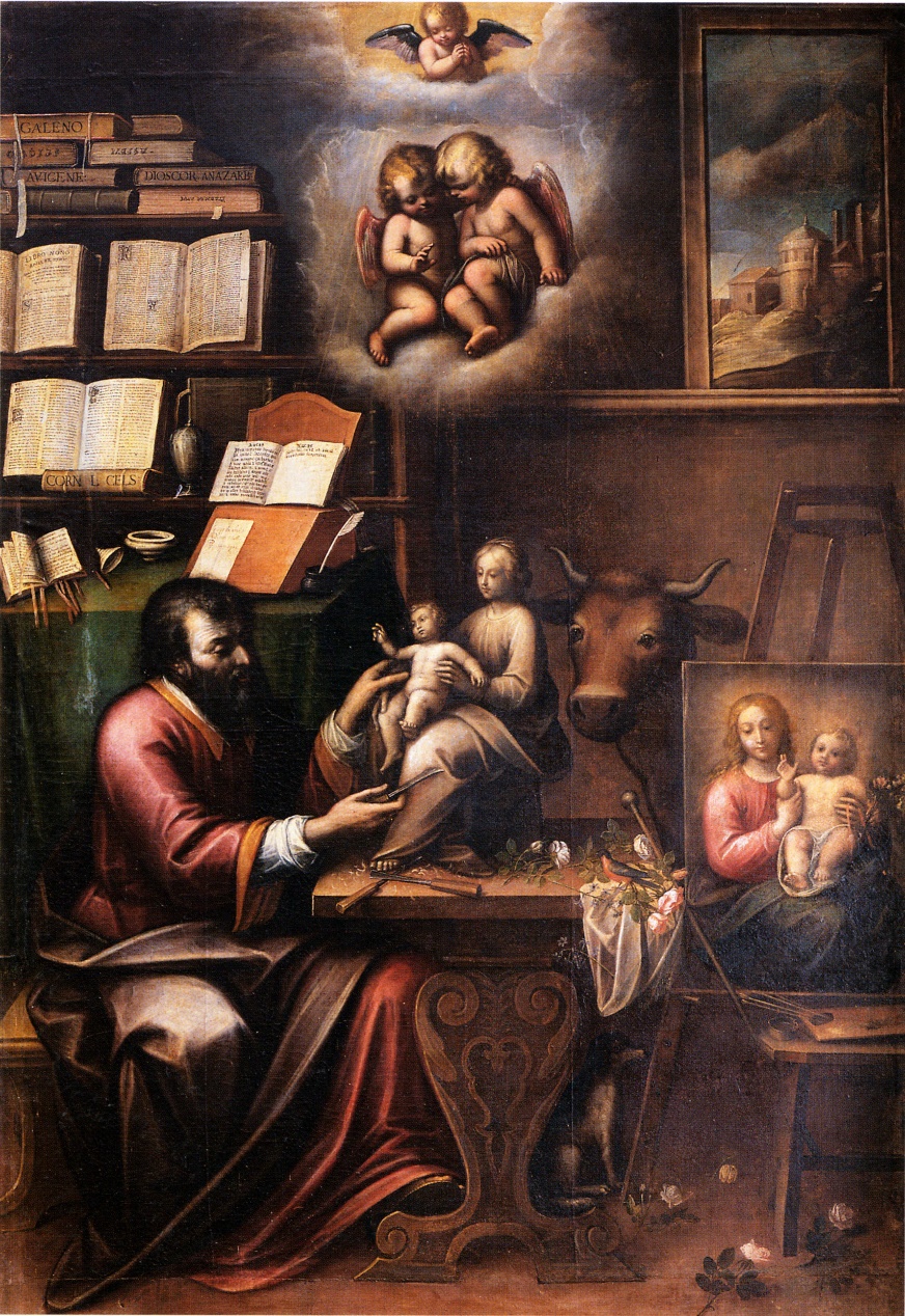 St. Luke sits at a table, carving a wood statute of the Virgin Mary and the infant Jesus. Another religious painting rests on the easel next to the table, with an ox between the table and easel. St. Luke is surrounded by religious texts on a shelf behind him, and three putti appear in clouds above him, at the top of the canvas. There are flowers on the ground around the table.