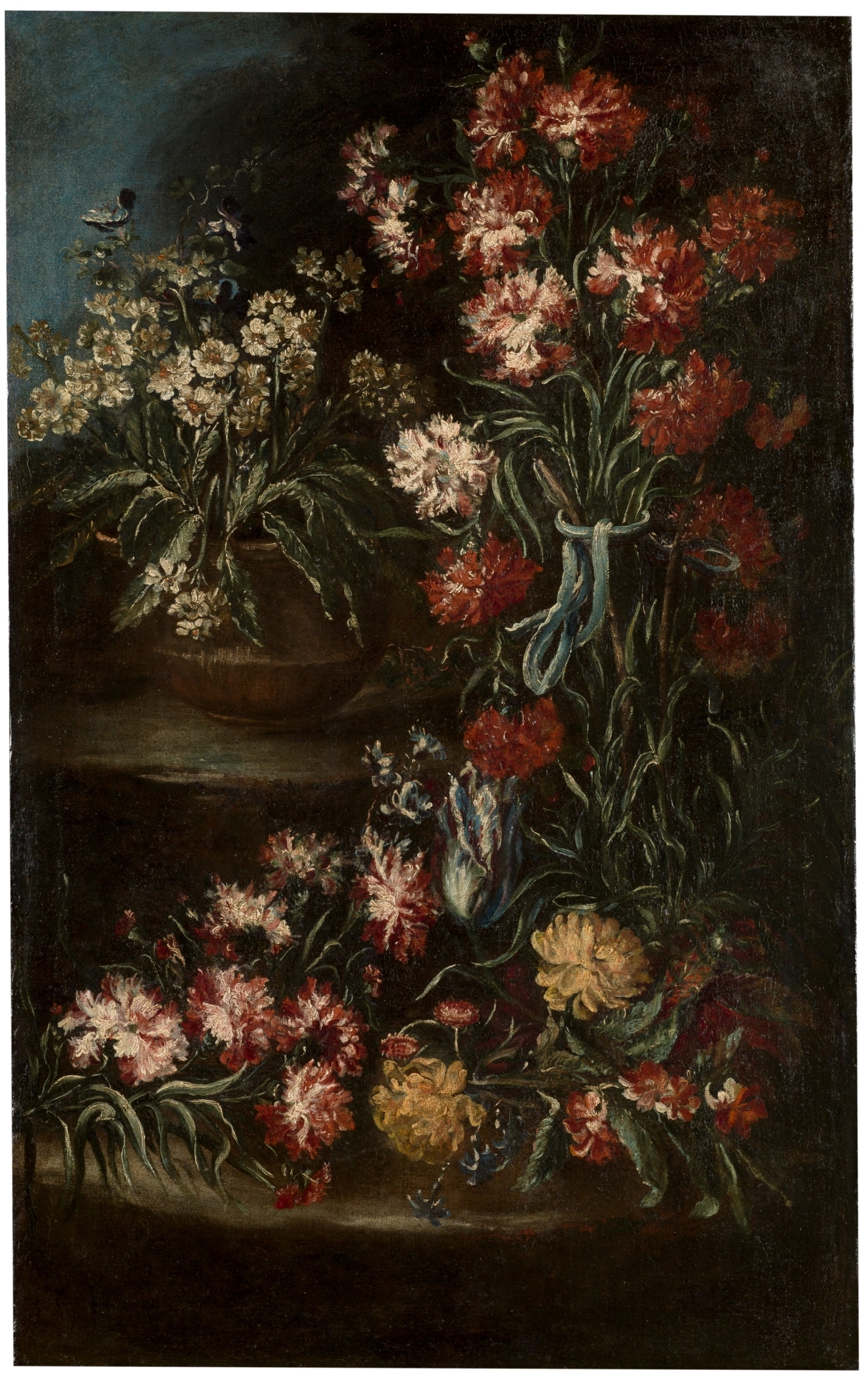 A floral still life with pots of flower on two levels, filling the vertical canvas. The flowers are mostly pink, white, and red, with some yellow and a blue ribbon accenting one of the bouquets.