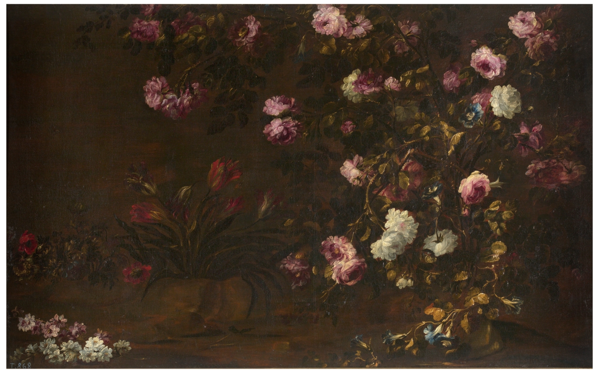 A floral still life with white and pink roses filling the entire composition. A smaller assortment of flowers in a vase is included on the left side of the canvas.