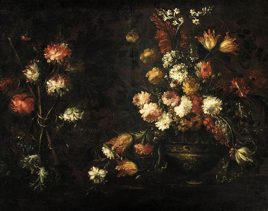 An arrangement of white, pink, red, orange, and yellow flowers in an elaborate vase on the right side of the horizontal canvas. Another cluster of flowers appears on the left, both set against a dark background. 