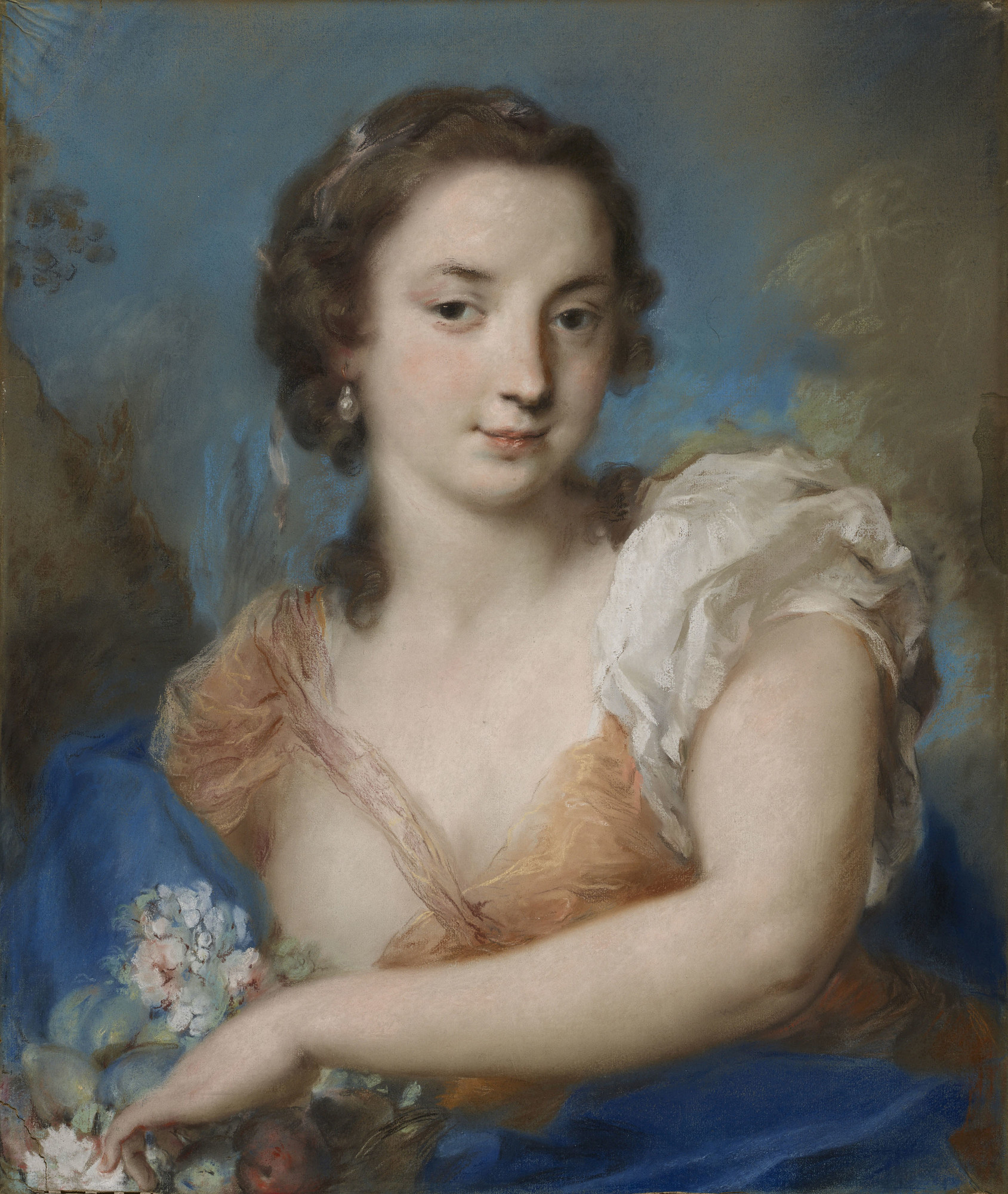 A half-length portrait of the personification of summer, who is pictured as a young woman holding a basket of fruit and flowers. She looks directly at the viewer with a slight smile. She wears a white, pink, and blue gown and large pearl earrings.