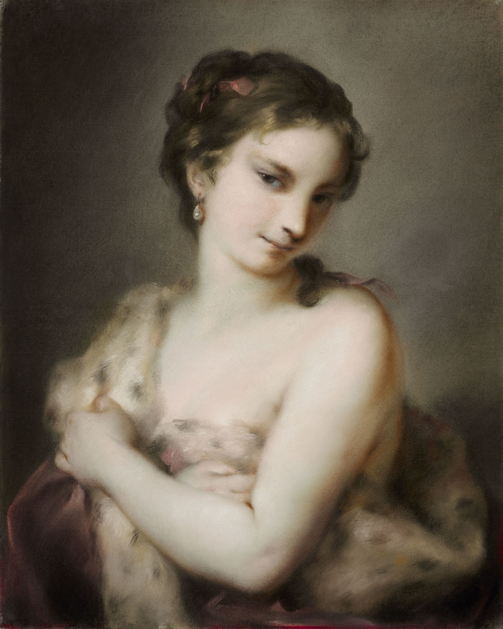 A half-length portrait of the personification of winter, who is pictured as a young woman wrapping herself in a purple velvet cloak, trimmed with ermine fur. She wears large pearl earrings and ribbons in her hair. She turns her shoulder to the viewer, looking out directly with a slight smile. 