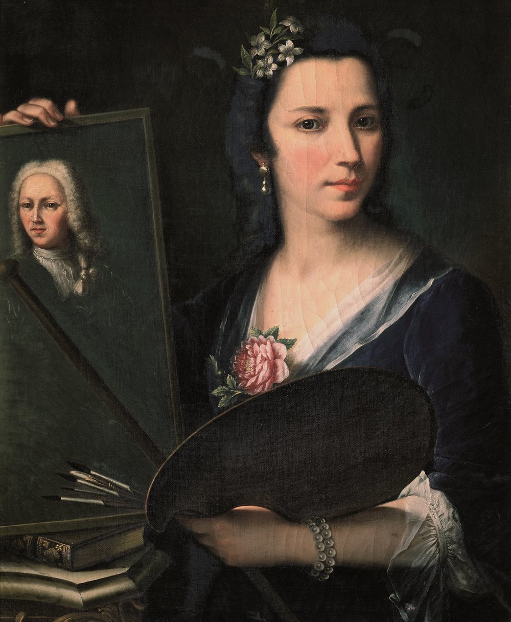 A half-length portrait of the artist, holding a palette, brushes, Mahl stick, and a portrait of a man. She looks directly at the viewer with flowers in her hair and at her bust. She is elegantly dressed in a blue velvet gown with diaphanous white fabric at the collar and sleeve.