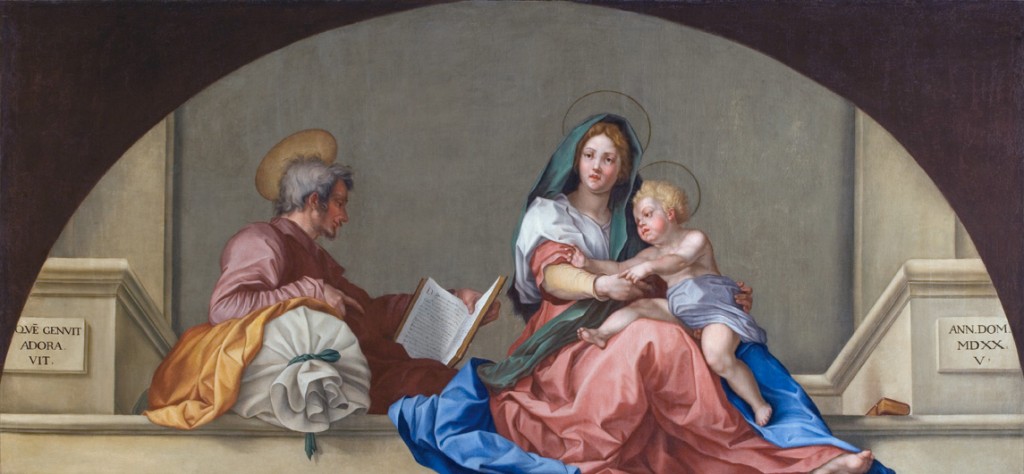 A lunette painting of the Virgin Mary and the Infant Jesus, draped in pink, blue, white, green, and blue robes. Another figure sits alongside them. They are seated on a step in a building with classical architecture. The colors are bright, and the figures look off into the distance.