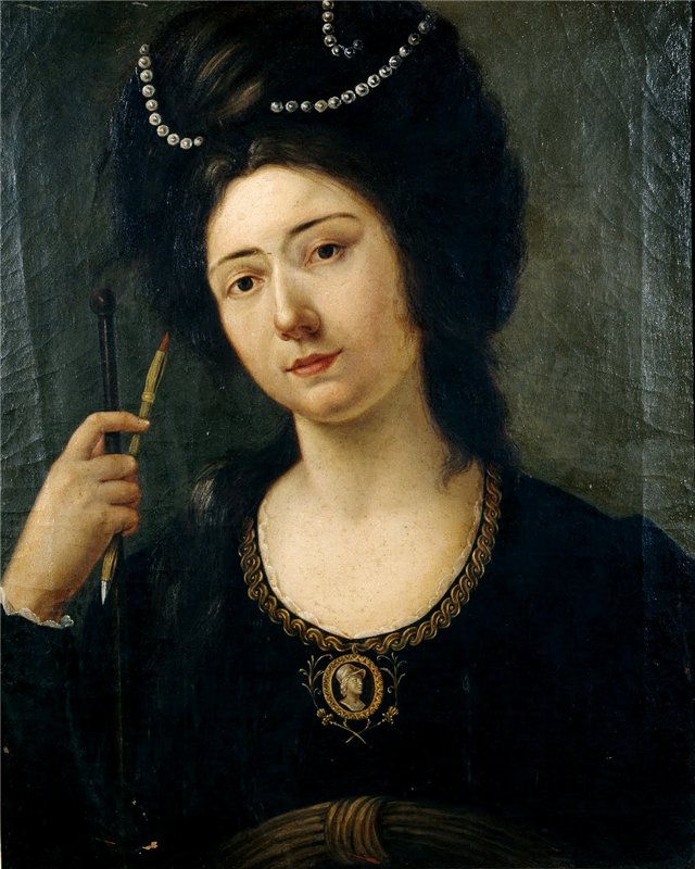 A bust-length portrait of the artists dressed in black, with classicized embellishments. She holds a brush and Mahl stick in her right hand. Her hair is piled high on her head and adorned with strings of pearls. She looks out at the viewer with a slight smile, her head tilted to the left.
