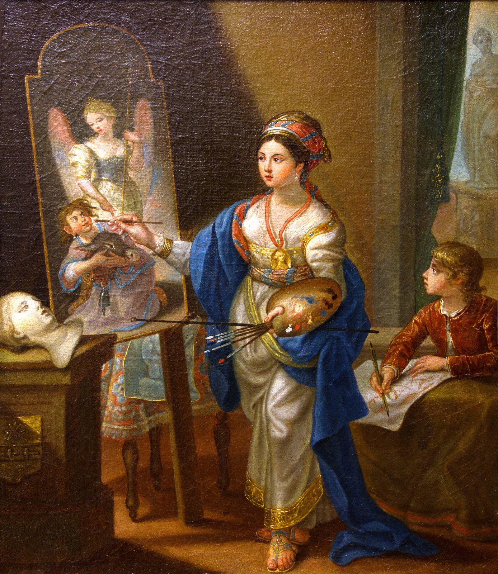 A portrait of the artist wearing an ambiguous costume with Eastern influences, standing in front of an easel holding paintbrushes and a palette. A young artist sits behind her, looking at the easel and drawing with a brush on a piece of paper.