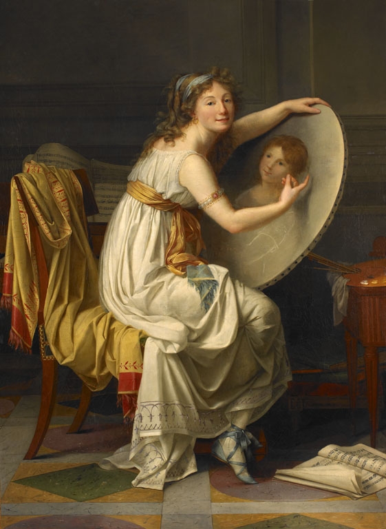 A full-length portrait of an artist in a classical costume, holding an oval canvas and making a pastel portrait of a young woman. The artist looks out at the viewer with a smile, her curls spilling out from two blue ribbons. The setting features eighteenth-century furniture and an elaborate marble floor.