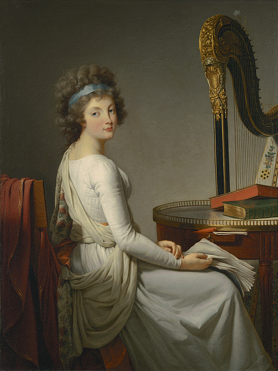 A three-quarters portrait of a young woman sitting at a table, turned away from the viewer but looking back directly over her right shoulder. Her hair is tied with a blue ribbon and on the other side of the table is an elaborate gold and black harp. She holds papers–perhaps sheet music– in her right hand.
