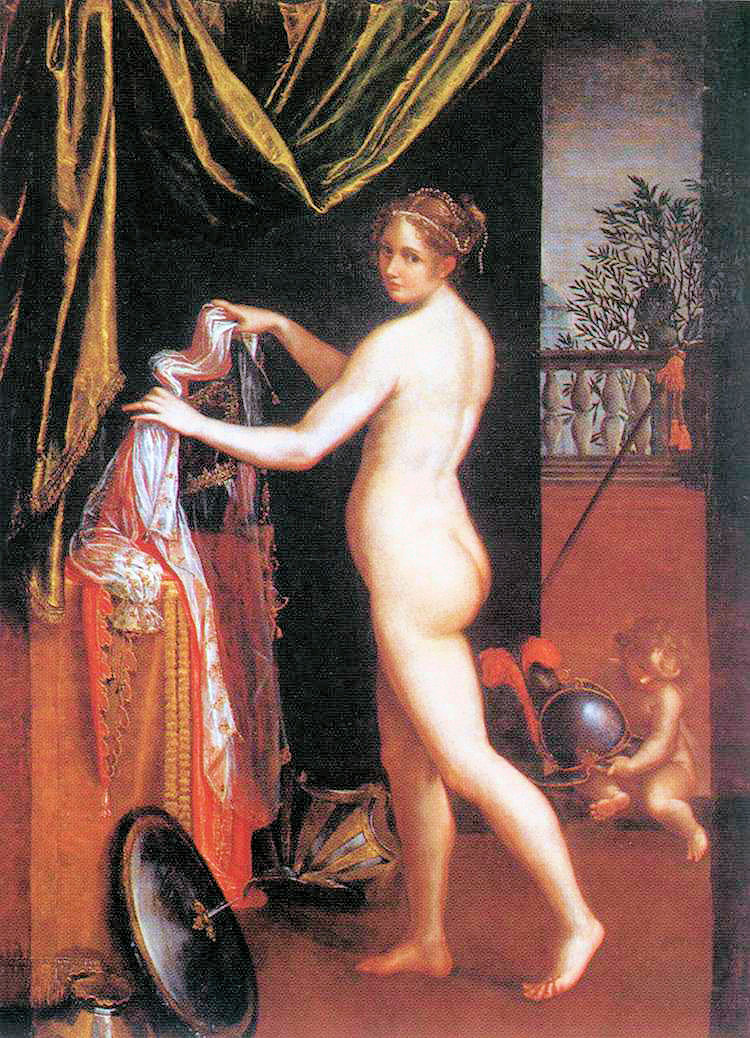 A nude woman has just removed her clothing and armor; she looks back at the viewer over her shoulder. The composition is full-scale, and the background is an ambiguous, classicized setting. A small putto sits behind her looking at her helmet. 